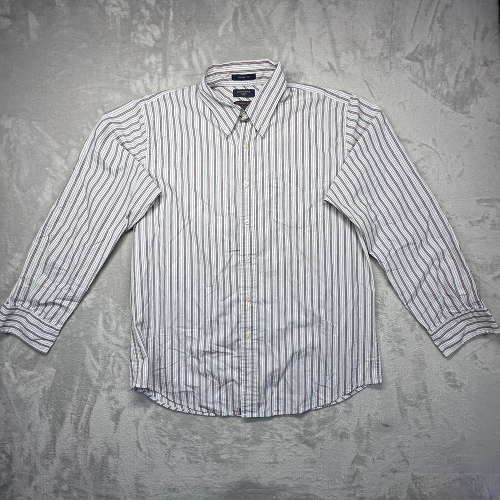 Dockers Shirt Mens Large White Striped Stain Defender No Wrinkles Classic Fit